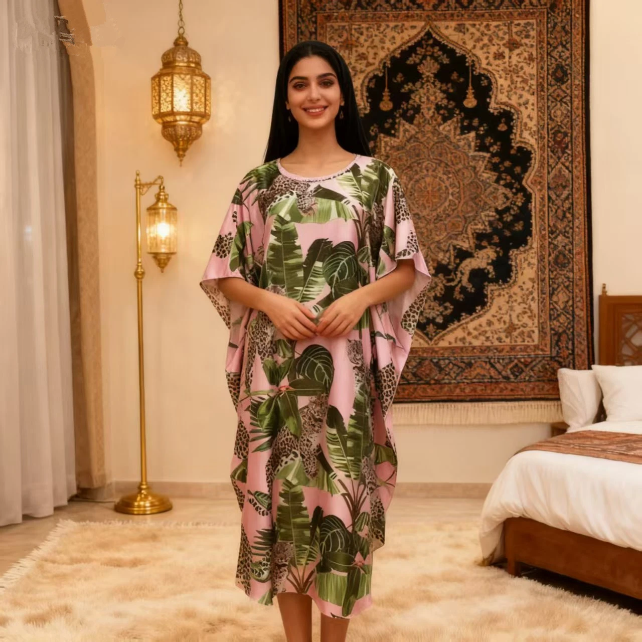 

Plus Size Loose Batwing Sleeve Night Dress Women's Satin Nightie Short Sleeve Print Sleepwear Female Middle Eastern Nightgown