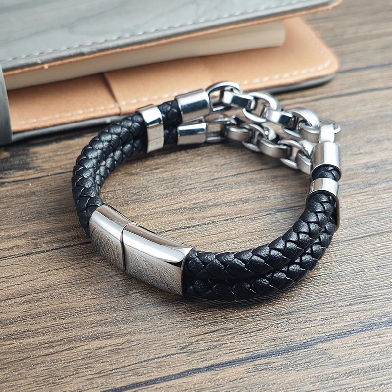 Mehrschichtiges Herren-Lederarmband mit Edelstahl-Mechanik-Elementen, kubanische Kette, geometrisches Muster, Armreifen für Herren, Schmuckgeschenk – Detail 7