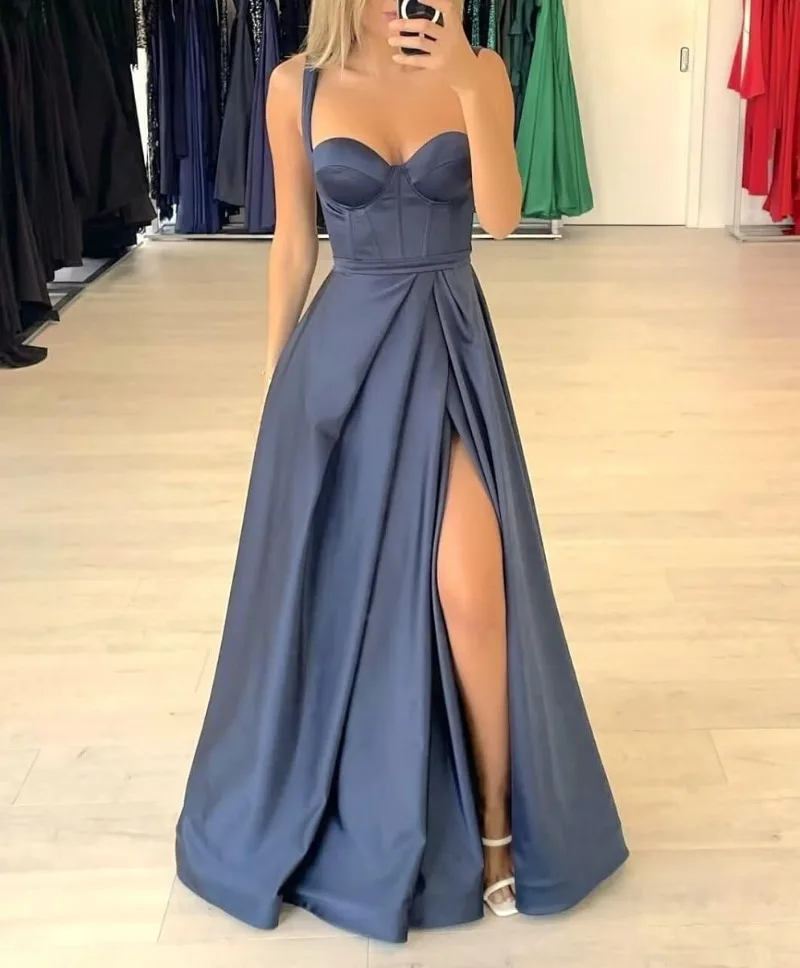 2024 New Satin Mal Evening Dress Women Spring Strapless Prom Gowns Elegant Summer Party Customized With Silt Vestidos