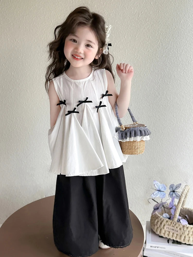 

Girls Summer Svel Knot Pleated Skirt Wide Leg Pants Casual Faion Set Cotton ort Sve round Ne Button ...