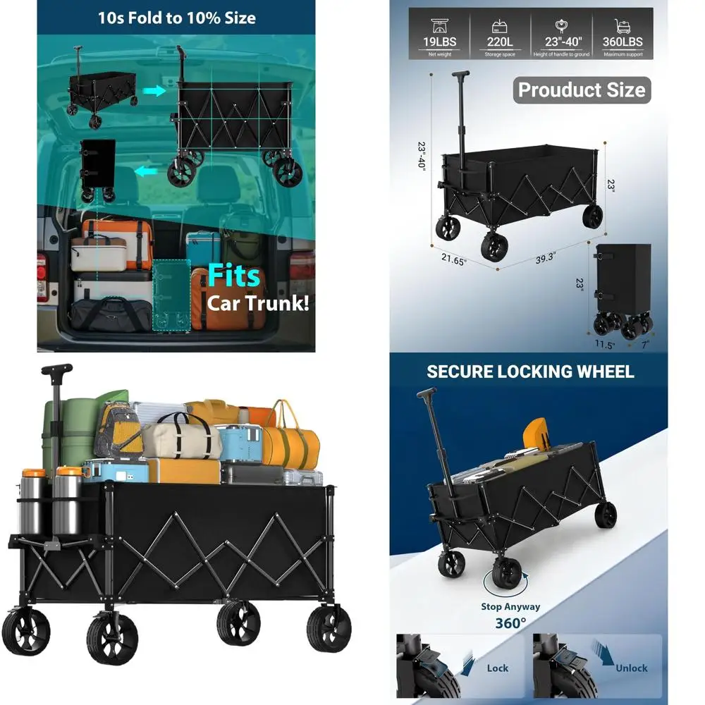 

Extra Large Foldable Utility Wagon with 360 lbs Capacity for Beach, Camping, Gardening, and Shopping
