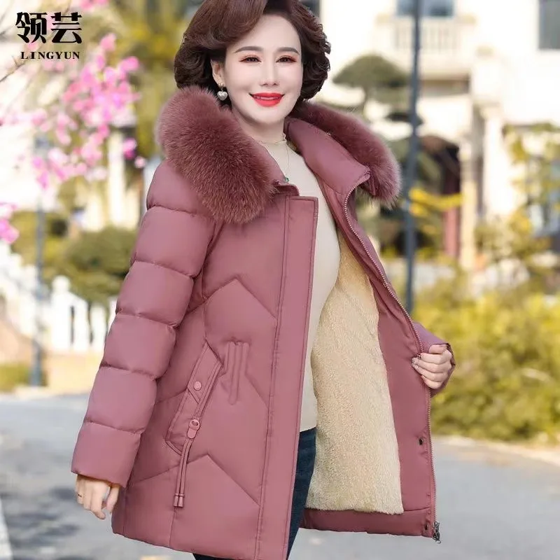 Winter Clothes New Medium Long Down Cotton Jacket Women Middle-aged Plush Thickened Cotton Jacket Female Outwear