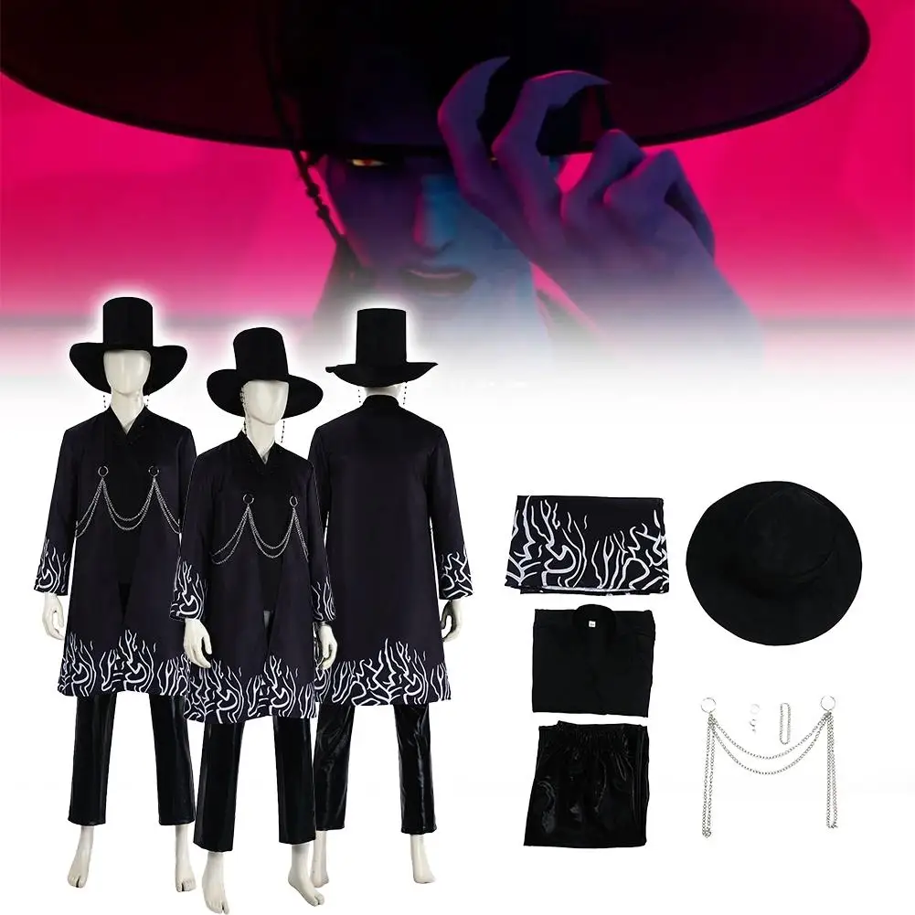 

Saja Boys Cosplay Costume KPop Demon Hunters Jinu Saja Robe Black Uniform Hat Earrings Stage Performance Halloween Party