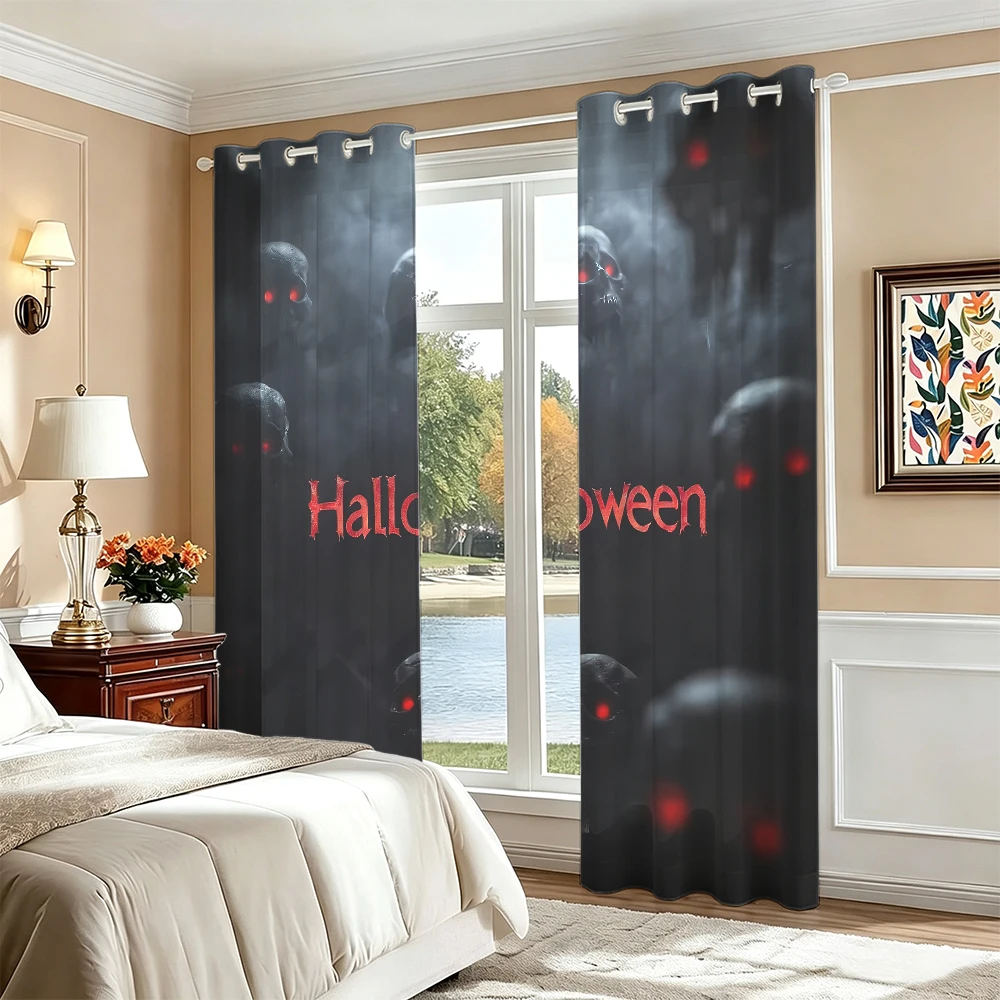 2pcs Dark Evil Skull Halloween Theme Double Sided Grommet Curtains Blackout Privacy Curtain For Bedroom Living Room Horror Ho