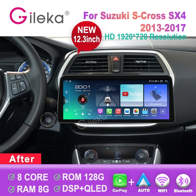 12,3-дюймовый экран Carplay Android для Suzuki S-Cross SX4 2013-2017, автомобильный радиоприемник, стерео мультимедийный плеер, GPS, Wi-Fi, головное устройство