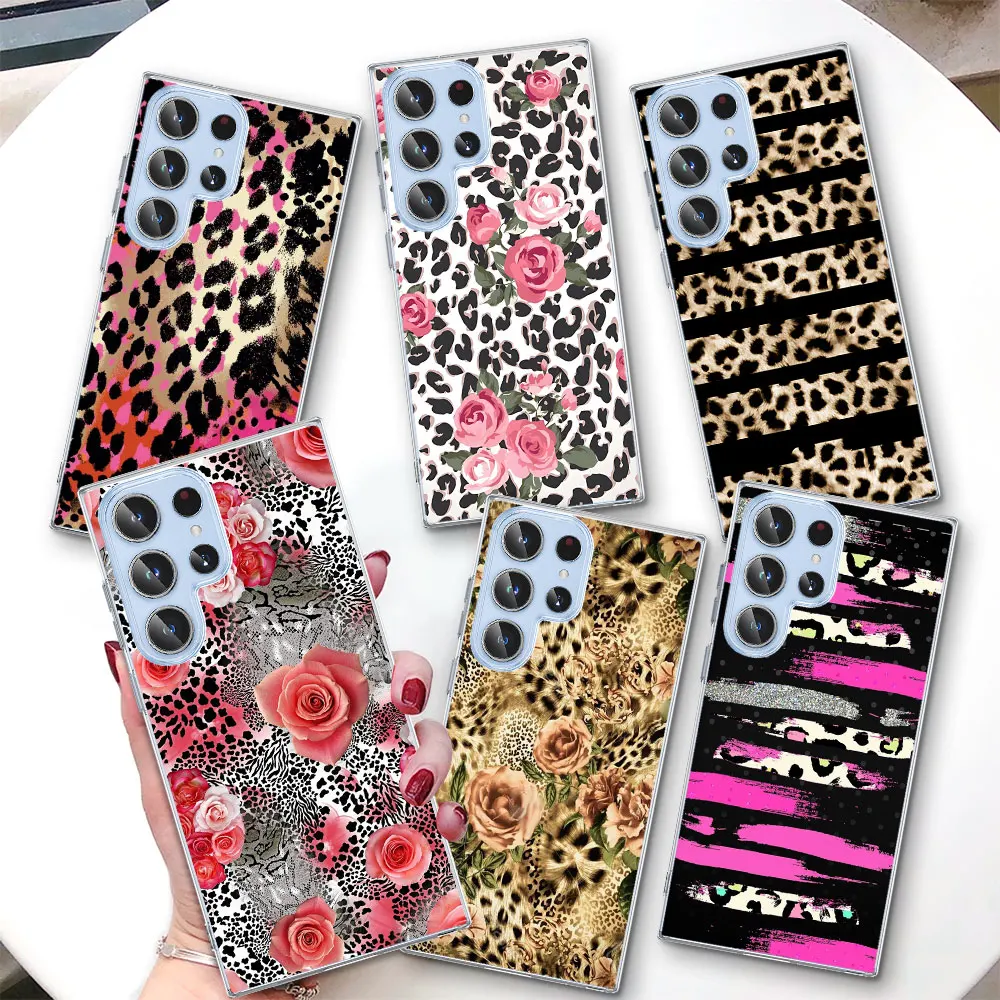 Leopard Flowers Case for Samsung Galaxy S25 Edge S22 S23 S24 S20 Ultra S21 FE S10 Plus Shockproof Transparent TPU Phone Cover