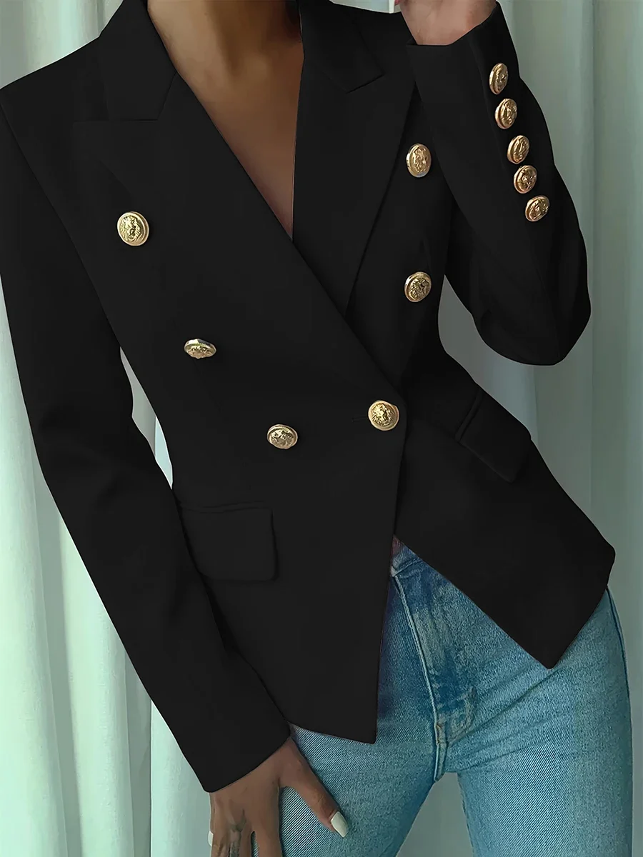 Eleganter Büro-Blazer für Damen, doppelreihig, schmal geschnitten, mit Revers, luxuriöse Metallknöpfe in Löwenkopf-Form, Knopfleiste am Kragen, Anzugjacke – Detail 5