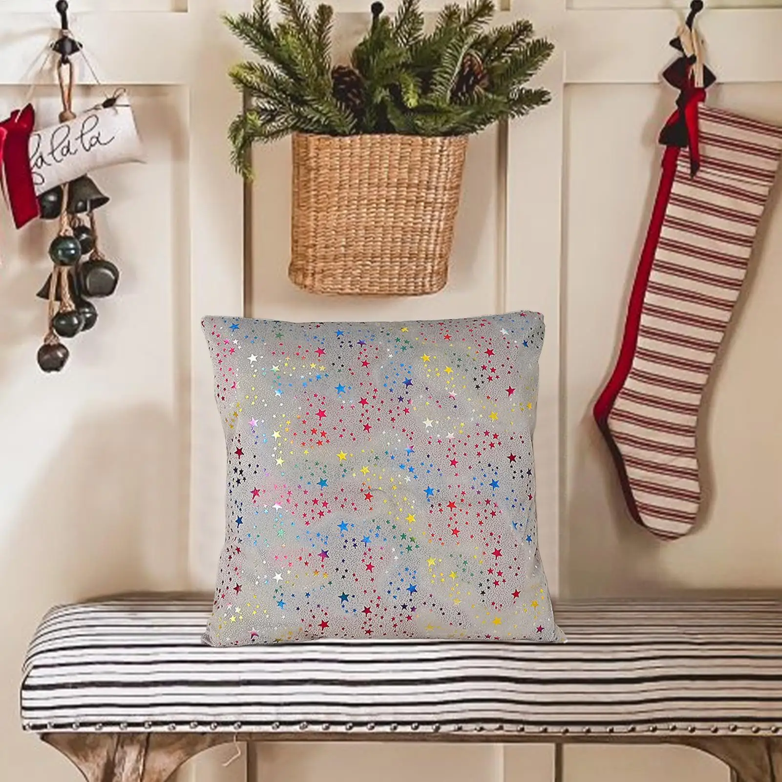 Christmas Cushion Covers Decorative 18x18 Inch Pentagram Pillowcase Holiday Cushion Cover For Home Farmhouse Bedroom Winter Sofa