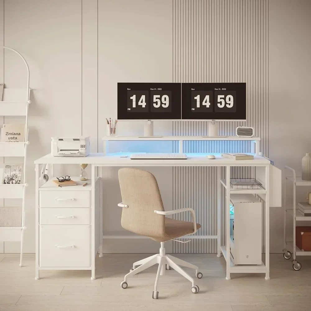 Bureau d'ordinateur avec armoire à proximité de fichiers, bureau à domicile, étagères de support de moniteur, bureau d'écriture et d'étude avec LED, 55 po