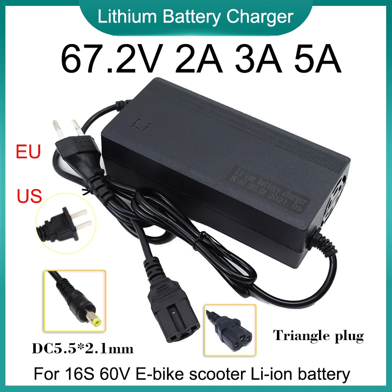 New 67.2V 2A/3A/5A Lithium Battery Charger With fan AC110-240V For 16S 60V Li-ion Battery Pack Fast Charging Triangle Plug EU/US