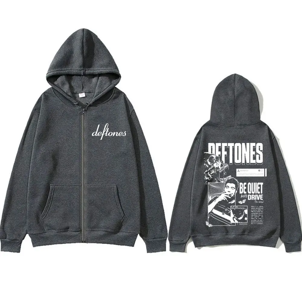 Band Rock Deftones Di Sekitar Bulu Tenang dan Berkendara Cetak Ritsleting Hoodie Pria Mantel Logam Alternatif Pria Jaket Ritsleting Antik