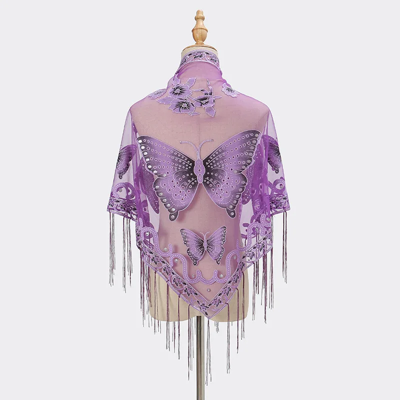 Fashion Lace Hollow Solid Color Triangle Scarf for Women Butterfly Embroidery Tassel Breathable Transparent Shawl Decoration