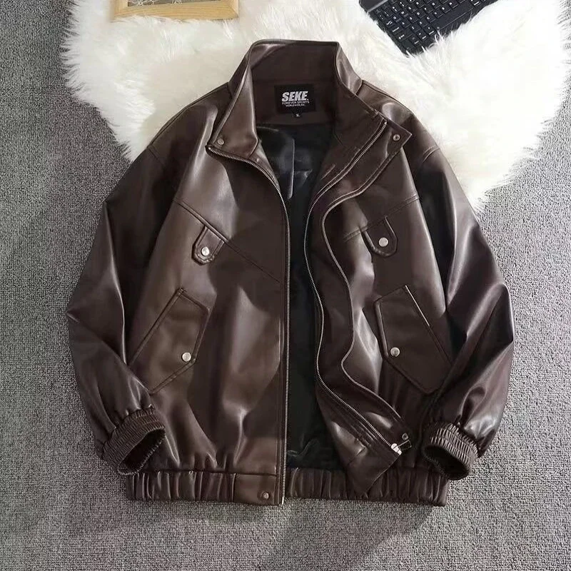 

American Retro PU Leather Bomber Jacket for Men Vintage High Street Style Rugged Motorcycle Biker Jacket with Stand Collar