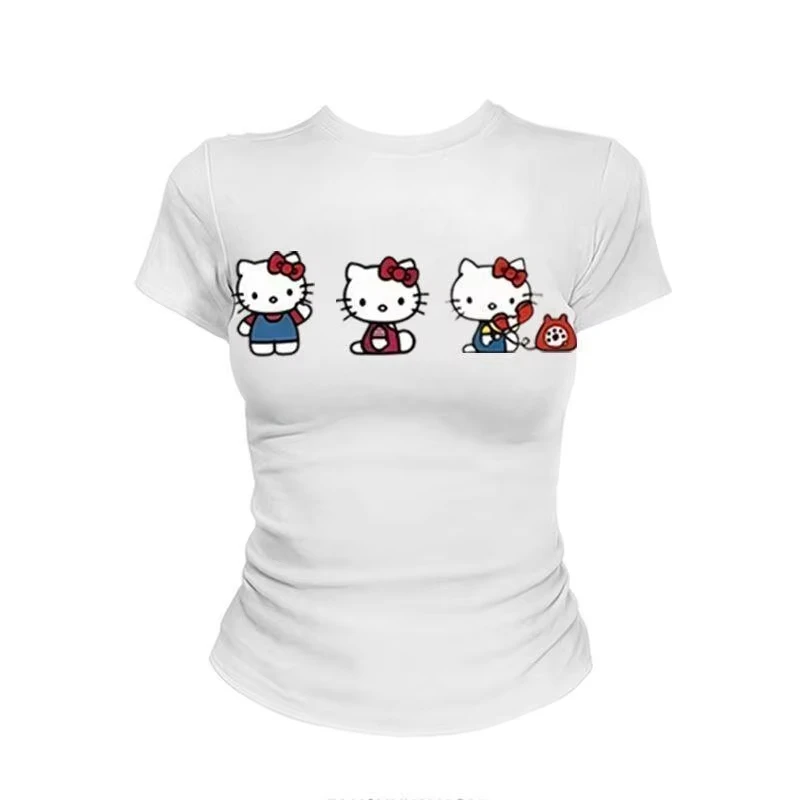 

Cartoon Sanrio Hello Kitty Women's T-Shirt Tops Short Sleeve Angora Red Students Summer Printed Texture Trendy Fashion Anime New