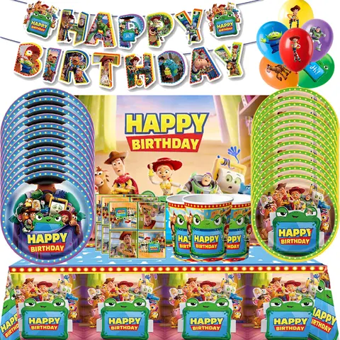 Toy Story Paper Plates Cups Tablecloth Happy Birthday Banner Cake Topper Balloons Spiral Kids Birthday Party Favors Decoration
