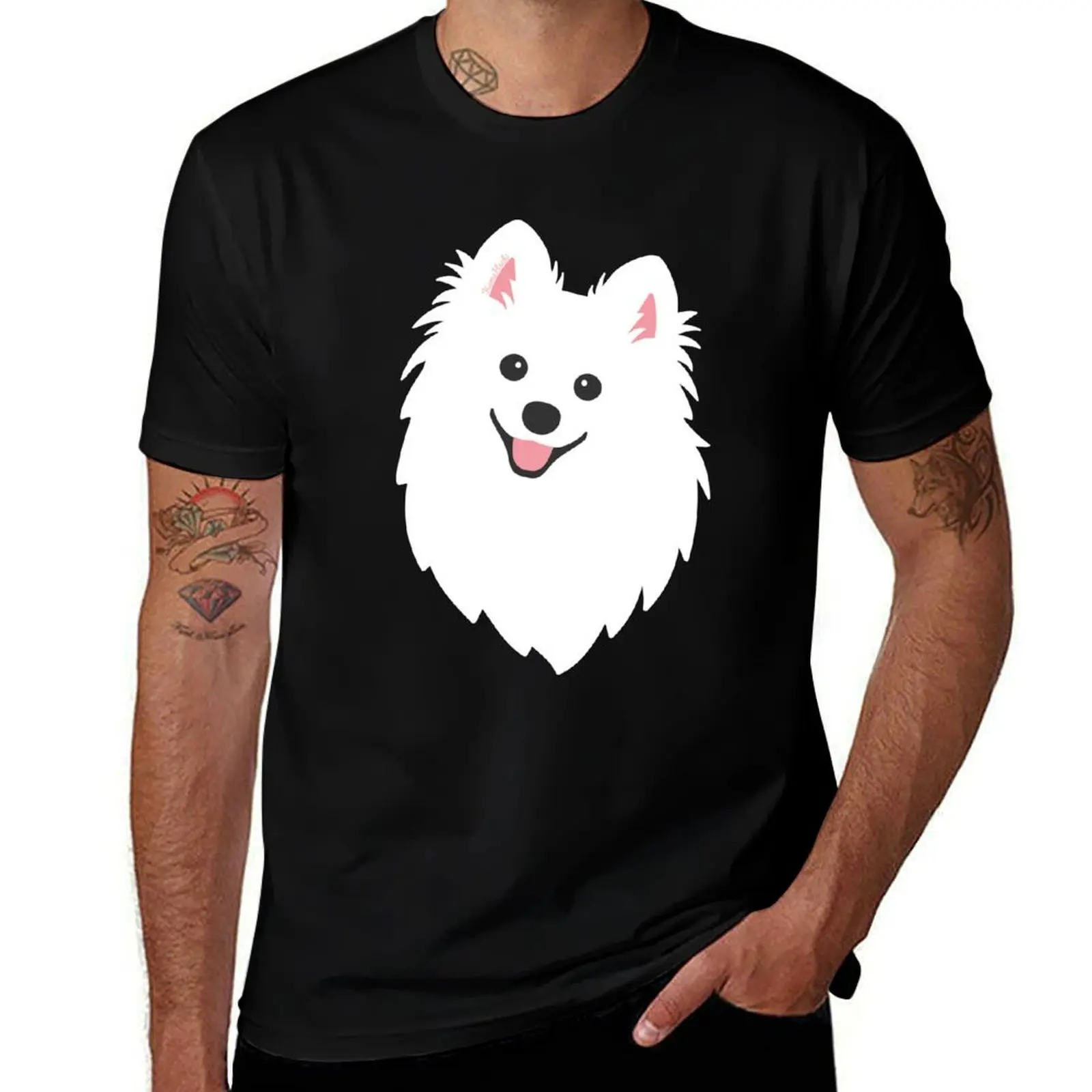 Camiseta de algodón transpirable básica con estampado de cachorro Spitz blanco curioso - Camiseta negra color carbón