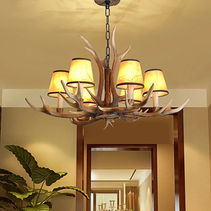 Southeast Asian Vintage Wooden House Resin Deer Horn LED Chandelier American Restaurant Homestay Chain Decoration Pendant Light