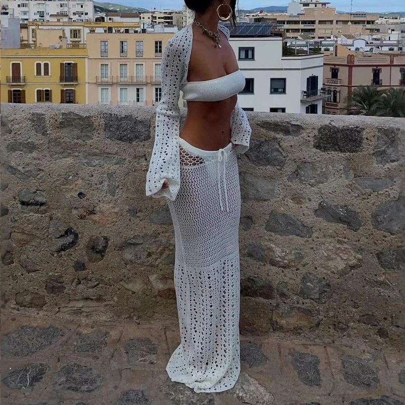 2025 Club Outfit Two Piece Long Sleeve Blouse Top&Long Skirts Suit Crochet Beach Cover Ups Women Knit Hollow Out Temperament Set