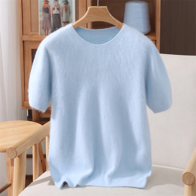 

Весенне-летняя женская трикотажная футболка из 100% норки и кашемира, свободный однотонный повседневный модный топ с круглым вырезом и короткими рукавами