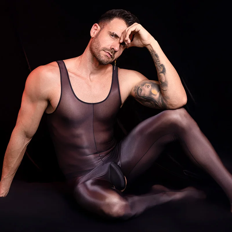 ملابس داخلية مثيرة للرجال لباس ضيق بدون أكمام ملابس داخلية مثيرة قطعة واحدة بذلة زيتية لامعة ناعمة قابلة للتمدد ملابس جنسية إباحية