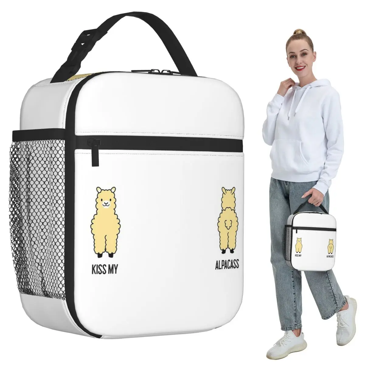 

2-Sided Kiss My Alpacass Funny Alpaca Llama Insulated Lunch Bag for School Cooler Thermal Food Box Tote Leakproof Lunch Boxes