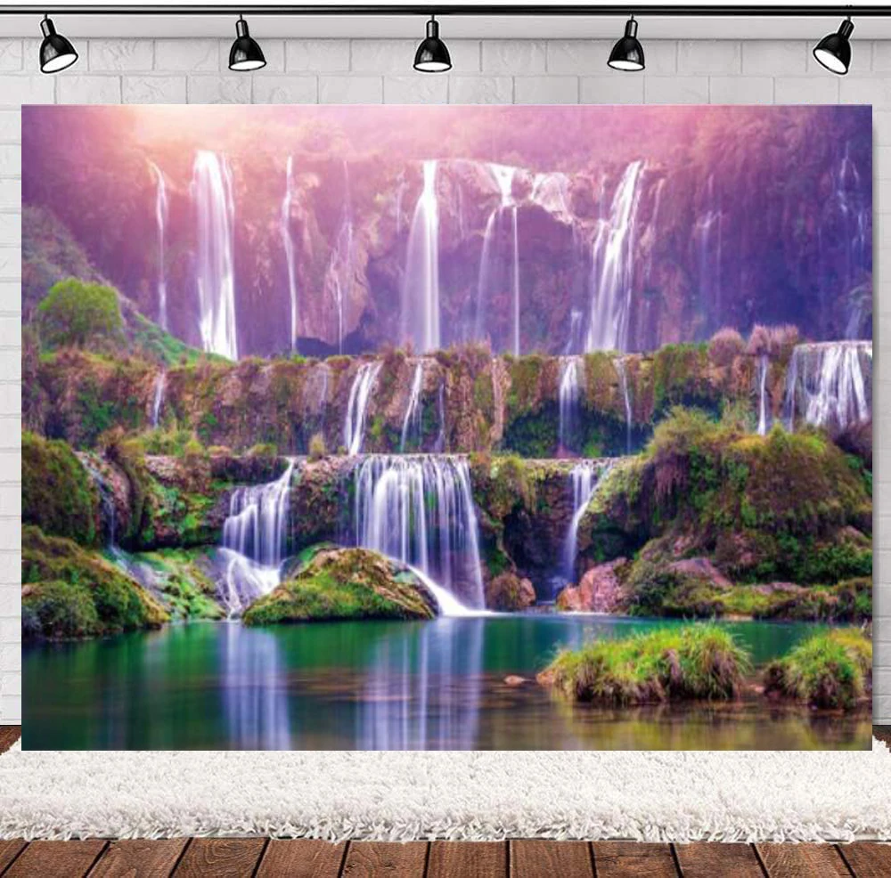 

Waterfall Photography Backdrop Spring Natural Scenery Mountains Lake Background Outdoor Picnic Kids Adults Photo Portrait Studio