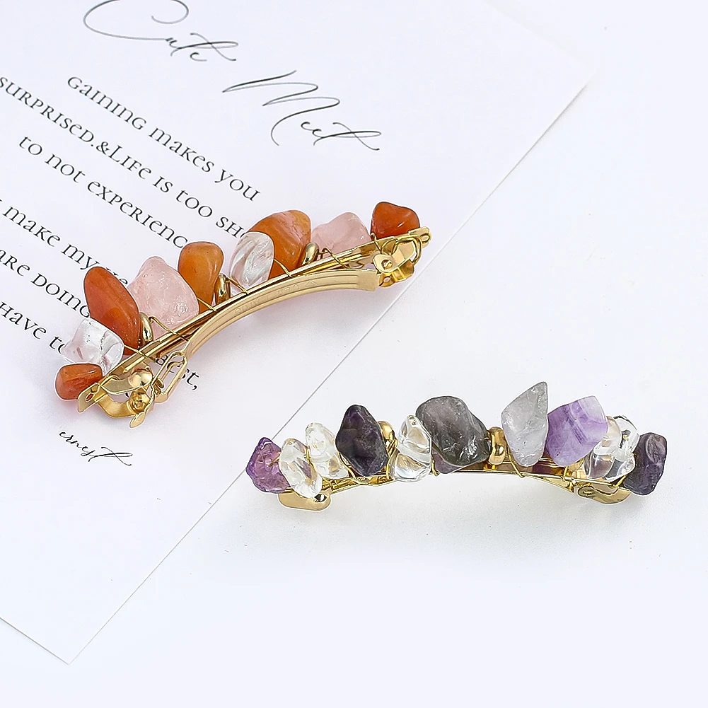 Crystal Stone Barrette Irregular Natural Stone Gold-color Wire Wrapped Hair Clip Hair Accessories for Women Girl Fashion Jewelry