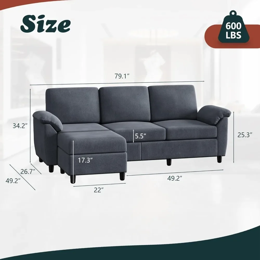 Convertible Sectional Sofa Couch with Removable Pillows Linen Fabric Small Couch Mid Century for Living Room 3Seat L Shaped Sofa