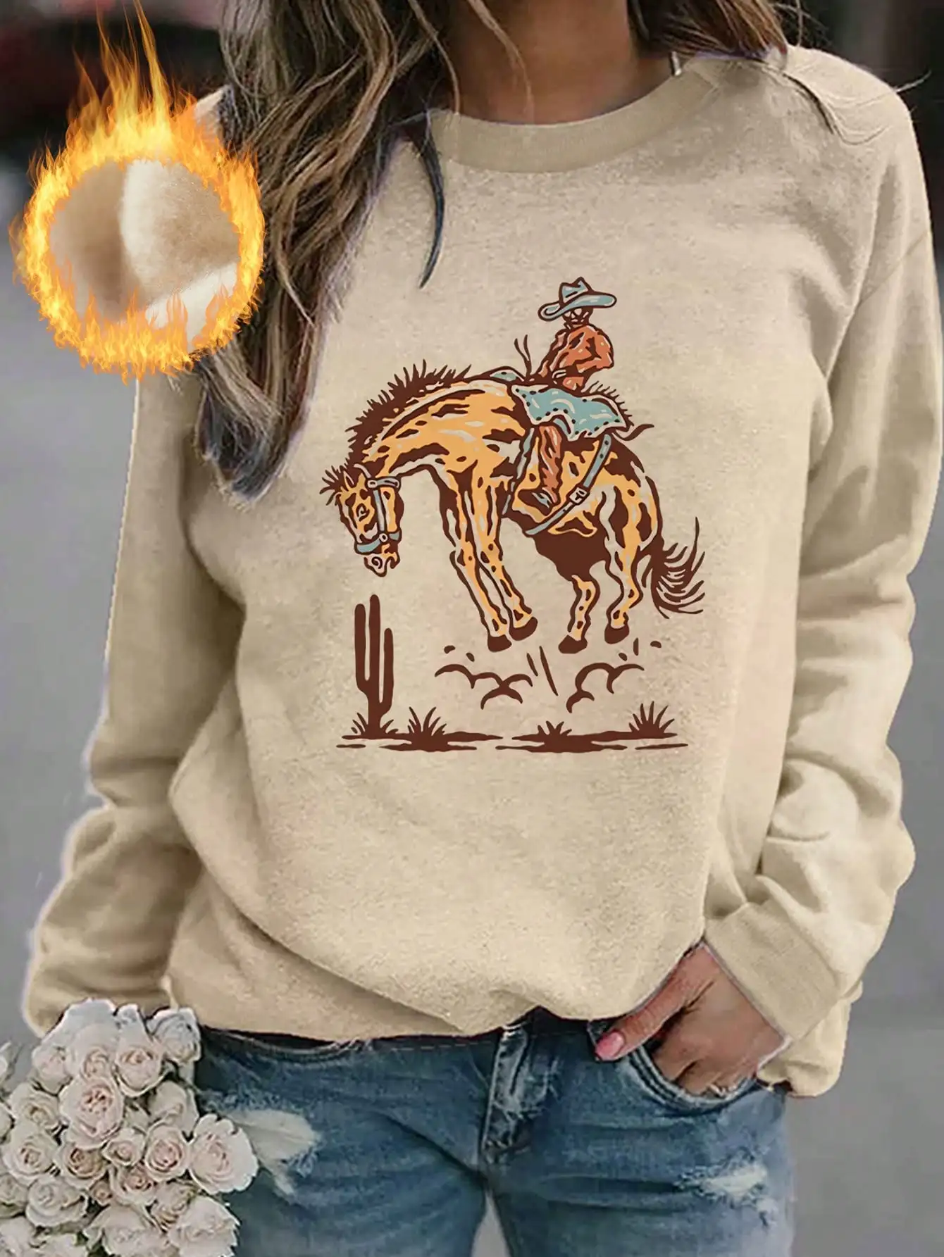 

Women's Western Cowboy Print Fleece Sweatshirt, Long Sleeve Round Neck Casual Top for Fall Winter