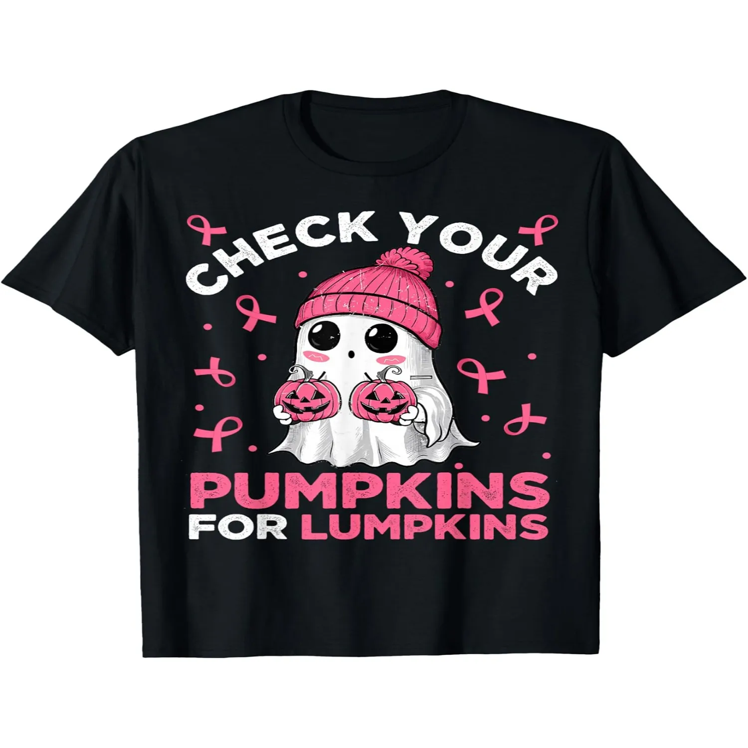 Breast Cancer Halloween Boo Check Your Pumpkins Womens T-Shirt for Men's, Crew Neck Short Sleeve T-Shirt - Comfortable Streetwear Top, Regular Fit Casual Shirt Suitable for All-Season Wear, Holid Graphic Tee, Vintage Style Tee,