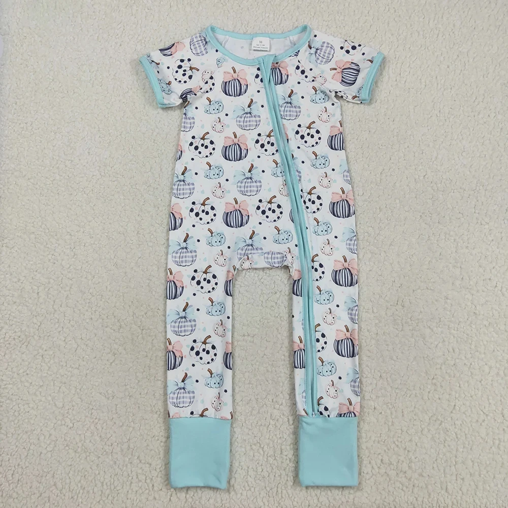 Wholesale Newborn Coverall Kid Blue Zipper Bodysuit Baby Toddler Thanksgiving Fall Jumpsuit Girl Children Bows Pumpkins Romper