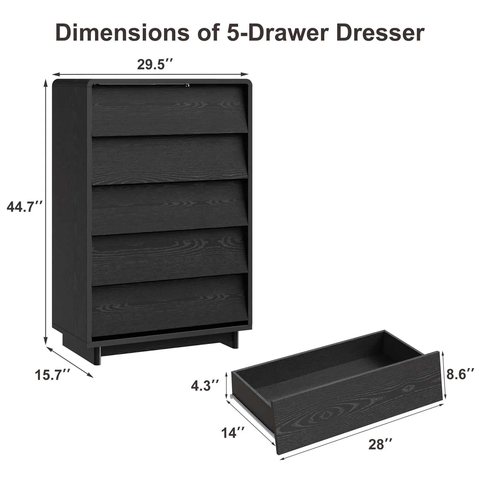 5-Drawer Tall Dresser for Bedroom – Handle-Free Wooden Chest of Drawers with Curved Edges & Spacious Storage