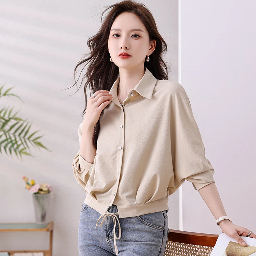 

Women Fashion Solid Color Drawstring Design Short Blouse Elegant Office Lady Shirt Chic Casual Loose Chemise Blusas Tops