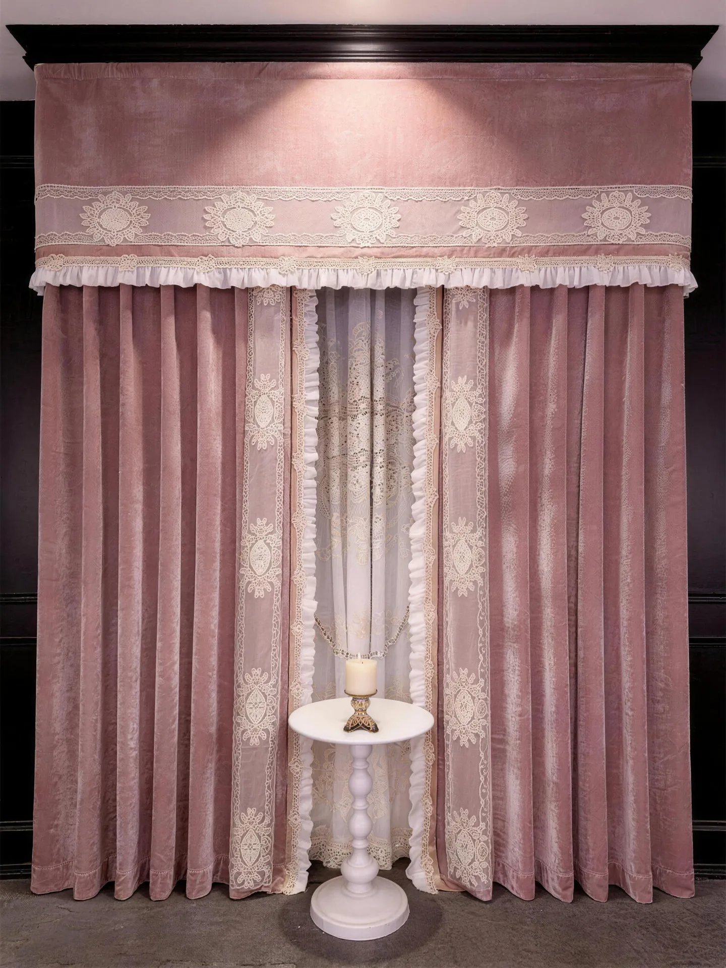 New Customized Pink-purple Lace-spliced Velvet Curtains for Living Room and Bedroom French Window Finished Villa Valance
