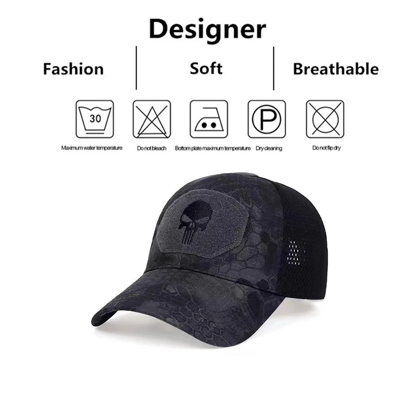 2024 New Summer Camouflage Skull Baseball Mesh Cap Adjustable Airsoft Outdoor Tactical Hiking Casquette Hats For Men Women