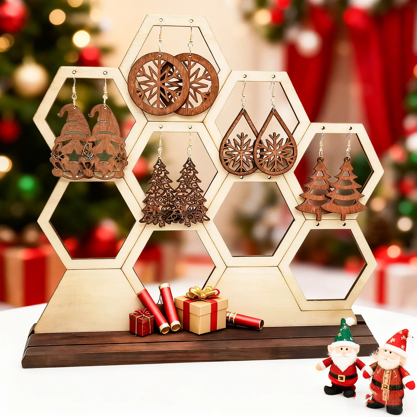 5 Pairs of Wooden Christmas-Themed Earring Set, Winter Christmas Tree Snowman Snowflake Girls' Earrings