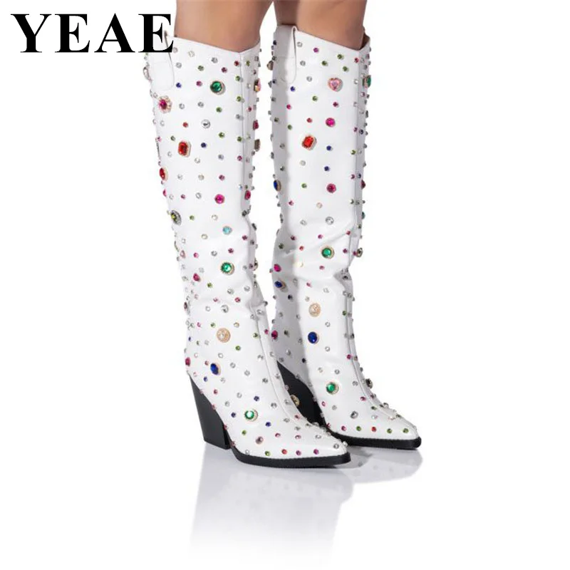 

2023 Fashion Women Diamond Knee High Boots Luxury Rhinestone High Heels White Shoes Western Chunky Pointed Toe Long Boots Woman