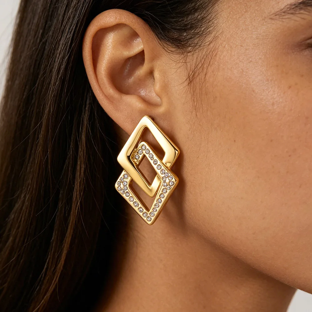 JeeMango Geometrische Doppel-Rhombus-Zirkon-Ohrringe für Damen, Edelstahl, goldfarben, Kristall-Ohrring, Modeschmuck, E26089 – Detail 9