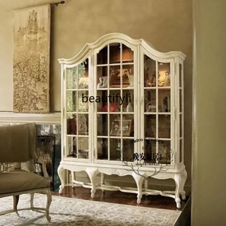 

2003 American rural solid wood wine cabinet European carved glass three-door side cabinet display cabinet French retro