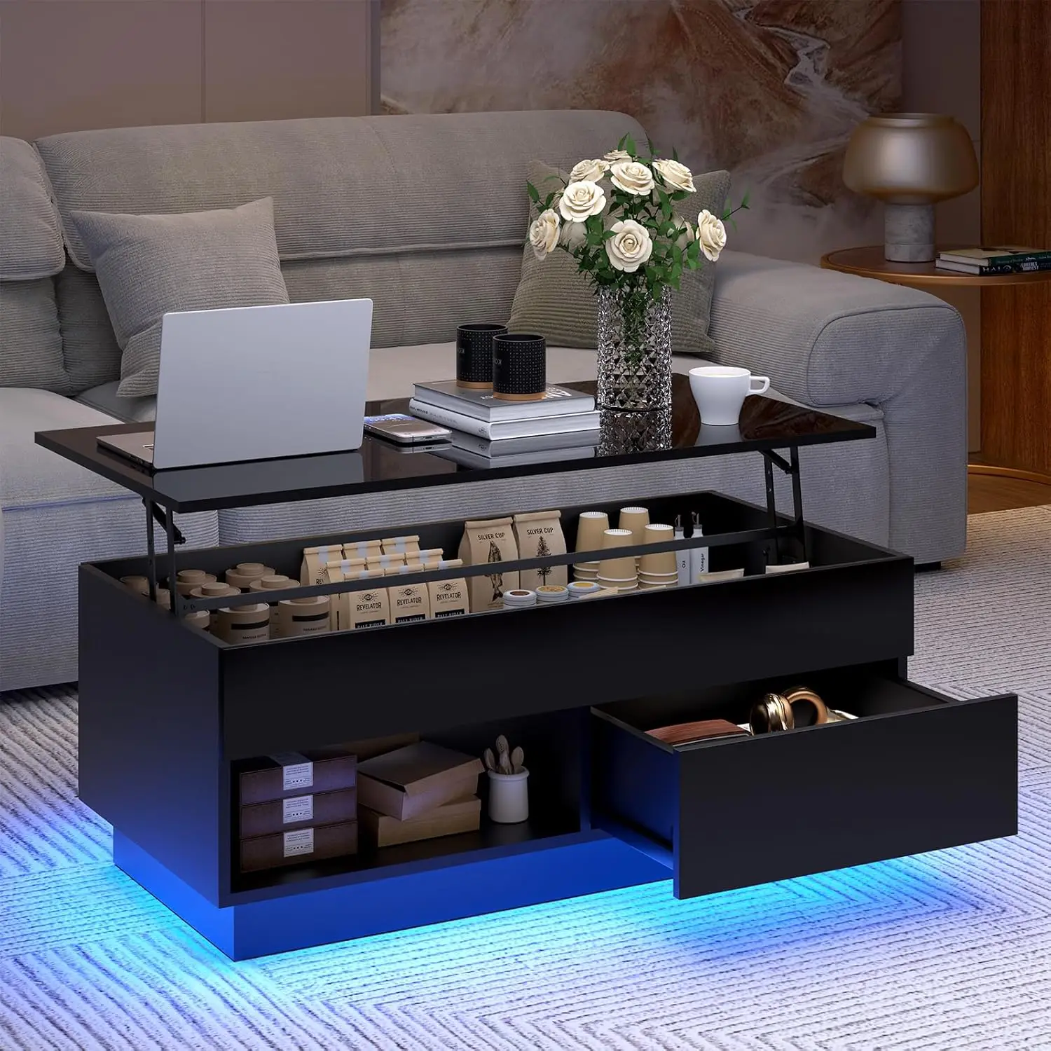 

Журнальный столик-трансформер 40 дюймов с подъемной столешницей, LED-подсветкой, глянцевый, со скрытым отсеком, открытой полкой и выдвижным ящиком, черный, на заказ