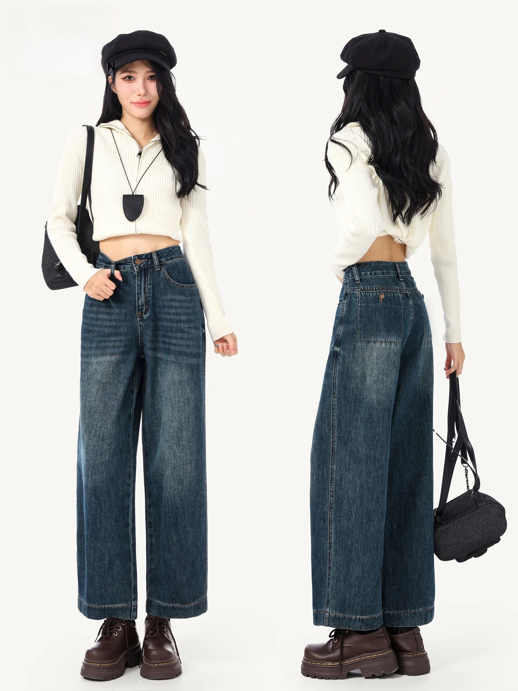 

Retro Blue Skinny Jeans Women's Autumn High Waist Simple Nine Points Pants Faux Pocket Design Scratch Denim Casual Style