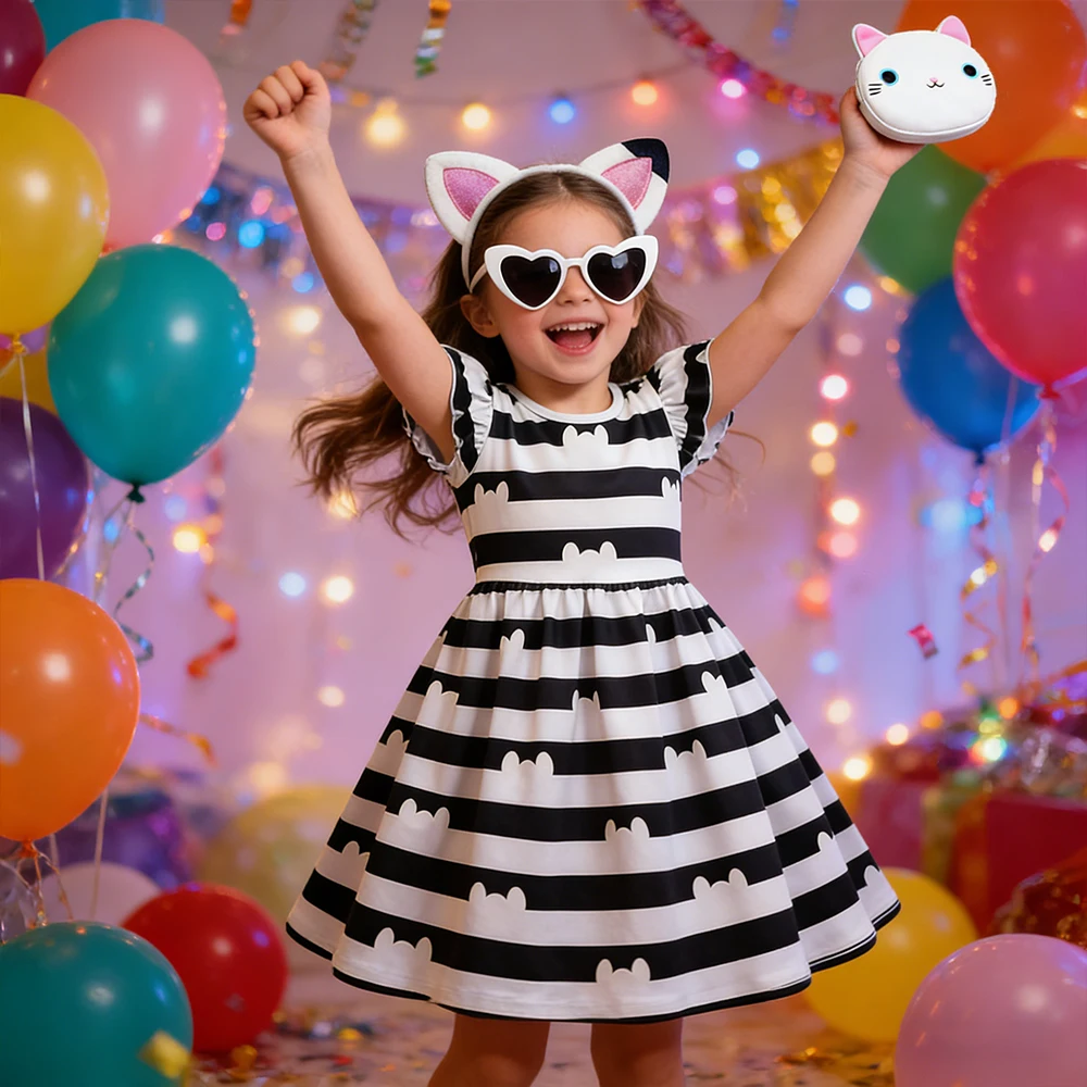 Mädchen-Sommerkleid mit Stirnband, Brille, Münzbörse, Kinder-Karnevalsoutfit, Partykleid, Prinzessinnen-Geburtstagskleid