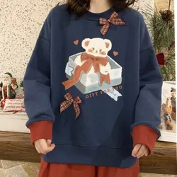 Japanese Cute Hoodies Women Bow Stitching Cartoon Bear Print Sweatshirt Harajuku Streetwear Y2k Pullover Tops Sweet Outwear