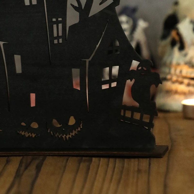 Adornos de madera para Halloween, silueta de madera, boceto, Casa Encantada, decoración de escritorio, tema de Halloween