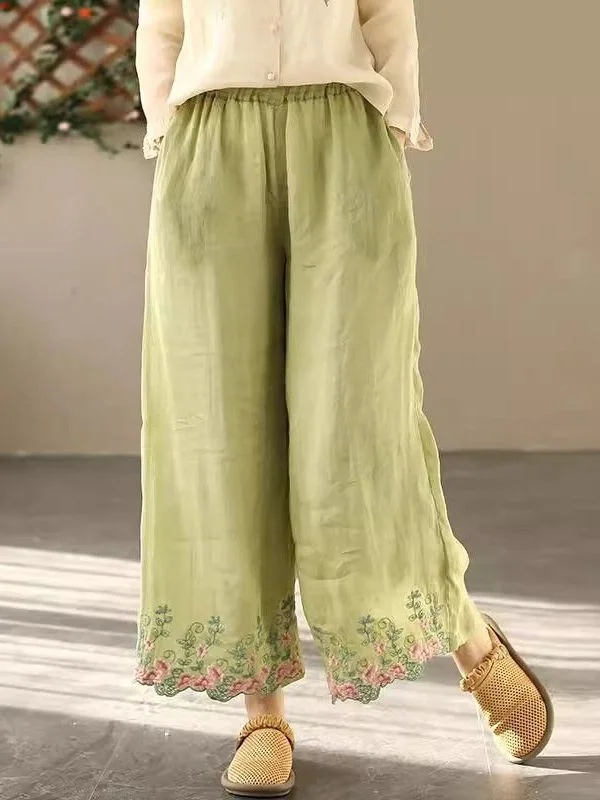 Novas Calças de Linho de Algodão Bordadas Chinesas com Pernas Largas para Mulheres, Calças Casuais de Verão com Cintura Alta e Corte Reto
