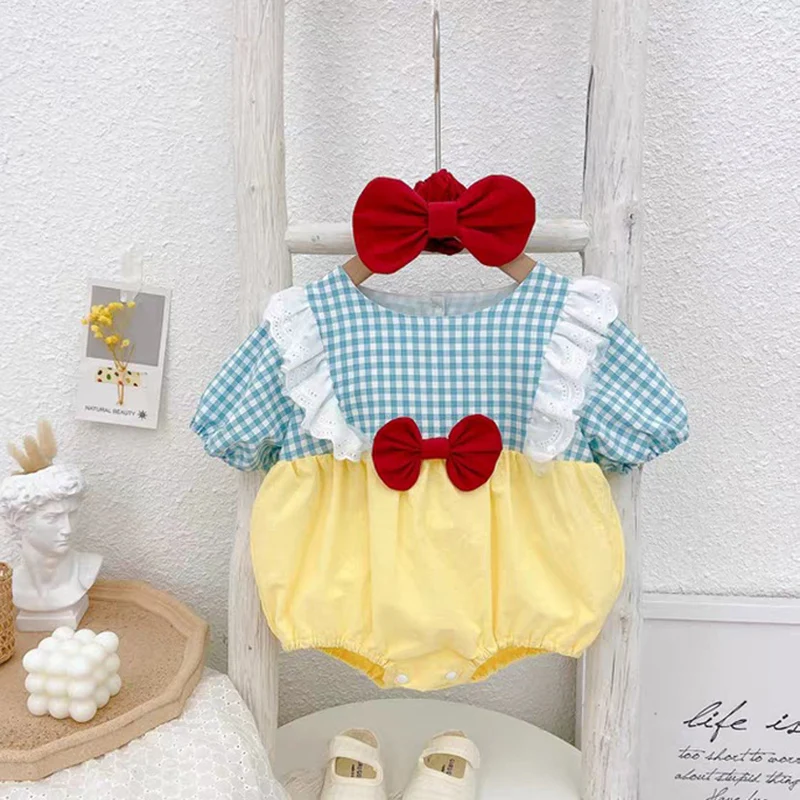 2Pcs Summer Newborn Romper Cute Princess Jumpsuit with Bows Headband Baby Girl Clothing Korean One-Pieces Onesie Infant Costume