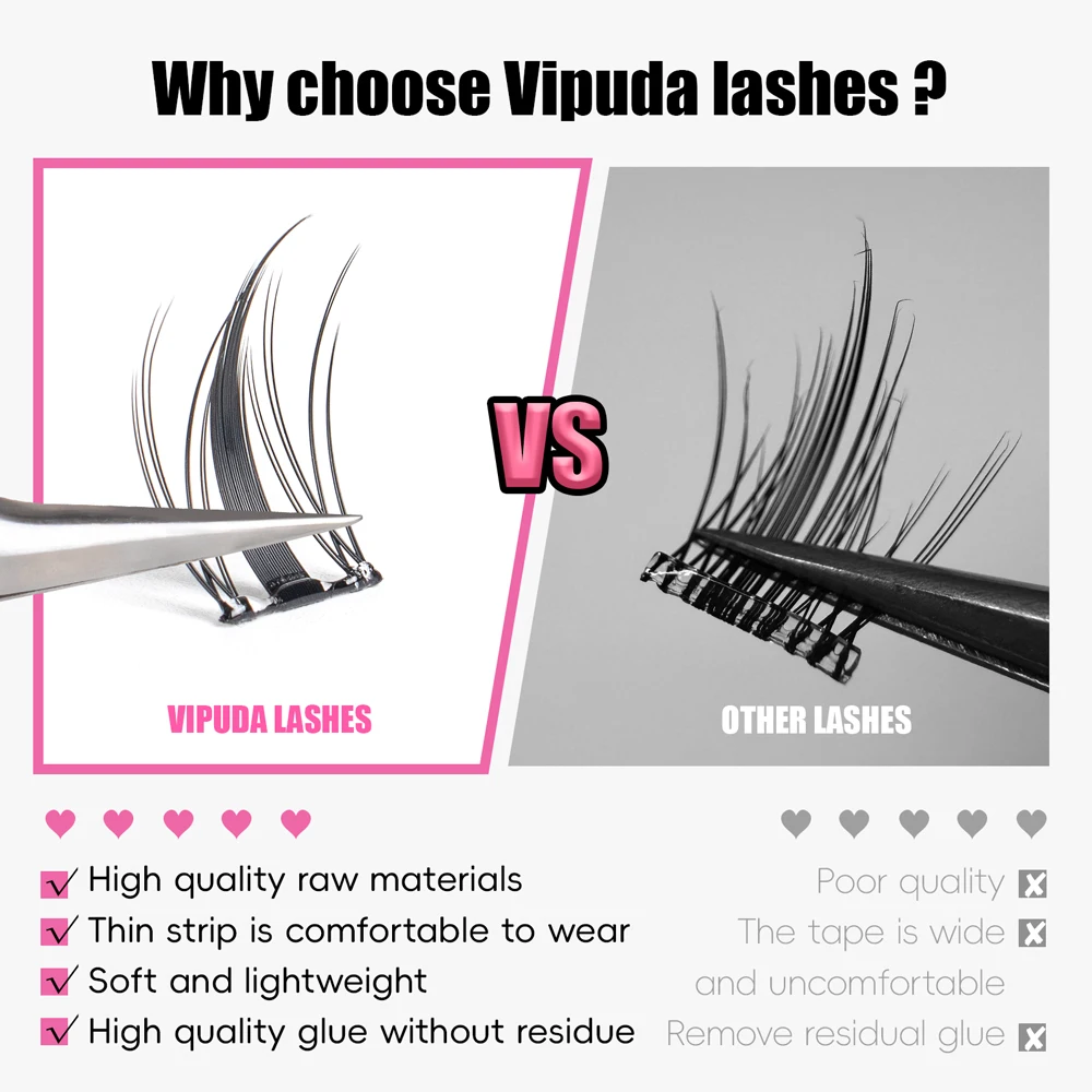 Vipuda Cluster Lashes No Glue Needed Press On False Mink Eyelashes Extension Single Segments Natural Cilios DIY Makeup Tool