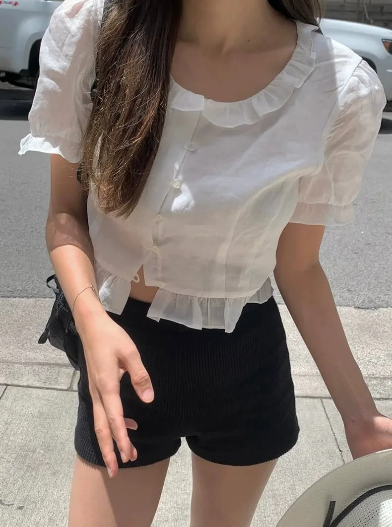 

Весна 2026: Женская рубашка Tanat Dongdaemun в корейском стиле, белая, с коротким рукавом, кружевной отделкой, свободного кроя, дышащая, приятная к коже