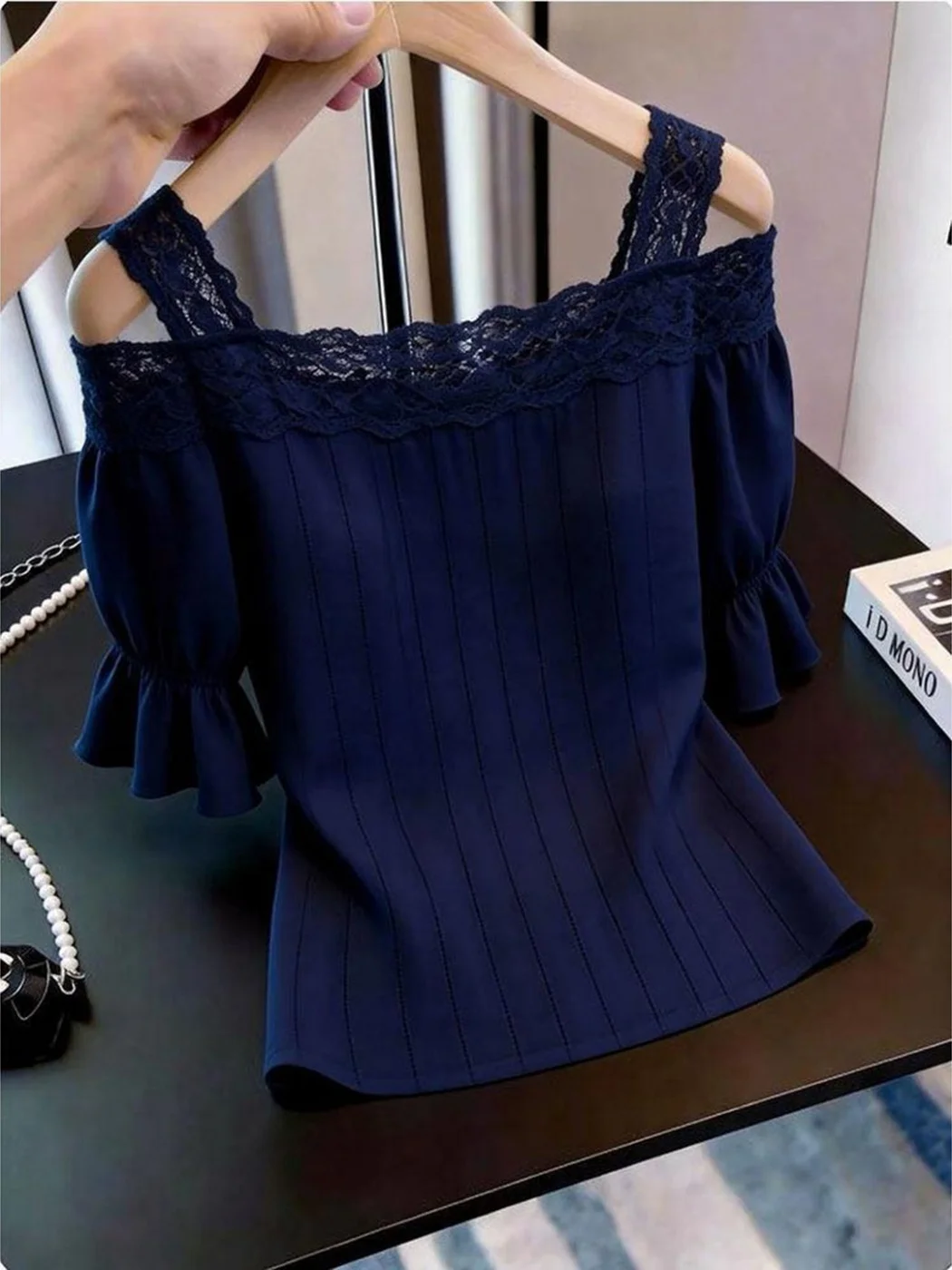 

Unique Beautiful Lace Shoulder Bared One-Shoulder Shirt in Blue Design Sensation for Summer 2026 Korean Style Slim Fit Women'...