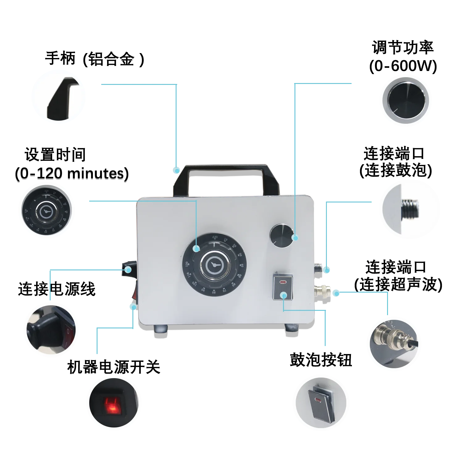 منظف فقاعات بالموجات فوق الصوتية 40 كيلو هرتز ، ماكينة تنظيف بالموجات فوق الصوتية ، مقبض تحكم قابل للتعديل ، مادة تنظيف بالموجات فوق الصوتية